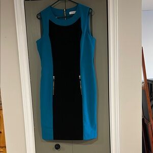 Calvin Klein Black and Teal Colorblock Sheath Dress with Zip Details